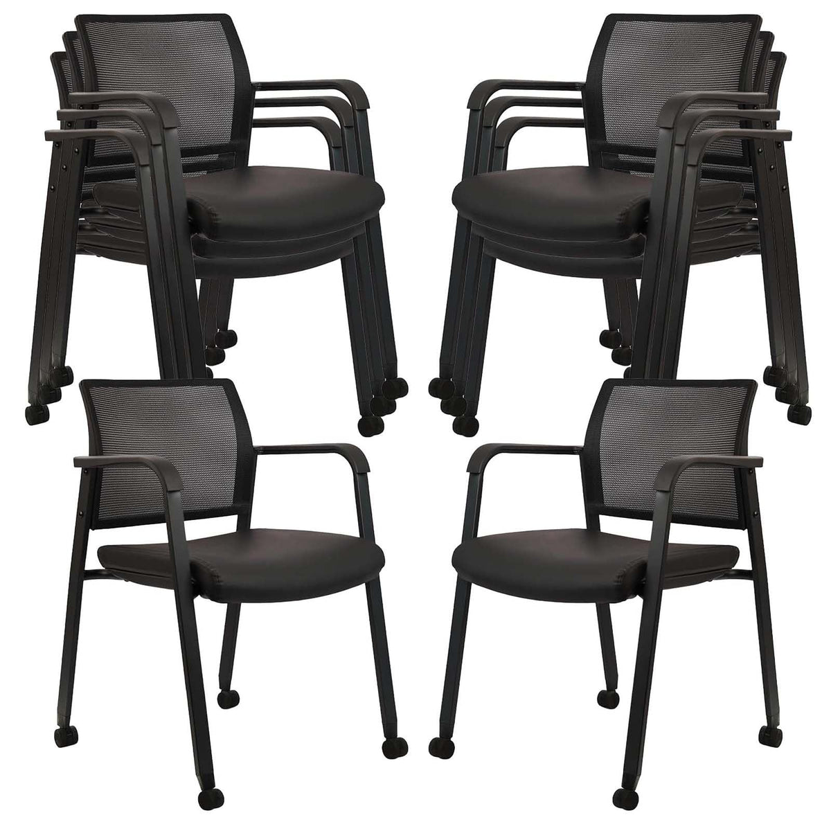 Clatina Stacking Office Chair with Wheels, Mesh Back Waiting Room Guest Chairs with Arms Comfortable Leather Cushion Stackable Desk Chair for