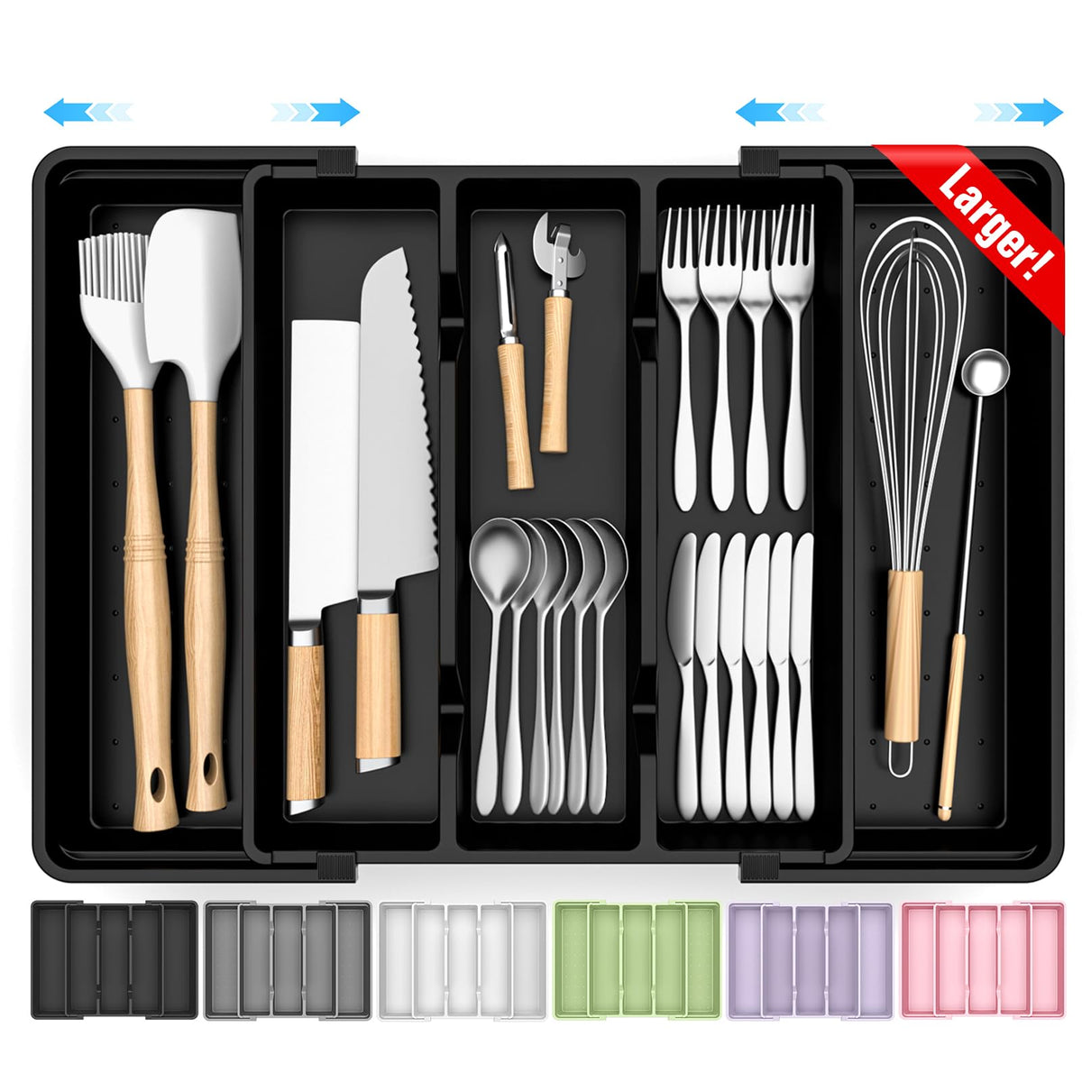Large Silverware Organizer, Expandable Utensil Drawer Organizer for Kitchen Drawers, Kitchen Drawer Organizer for Spoons/Forks/Knives, Multipurpose & BPA Free Cutlery Tray, Black, 1 Pack