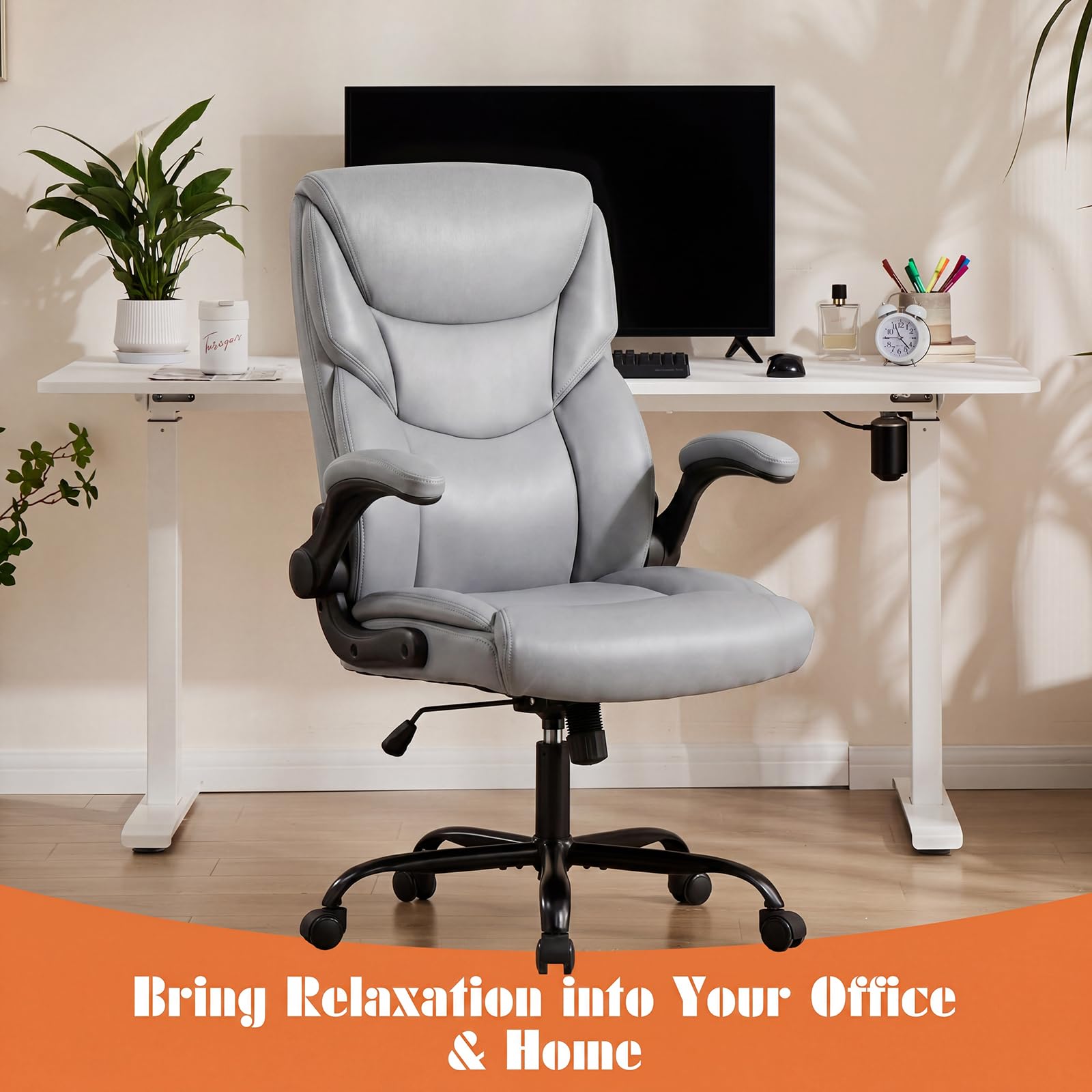Sweetcrispy Office Chair Set of 2, Heavy Duty Desk Chair, Pu Leather, 20" L x 21.85" W x 44.48" H, Grey