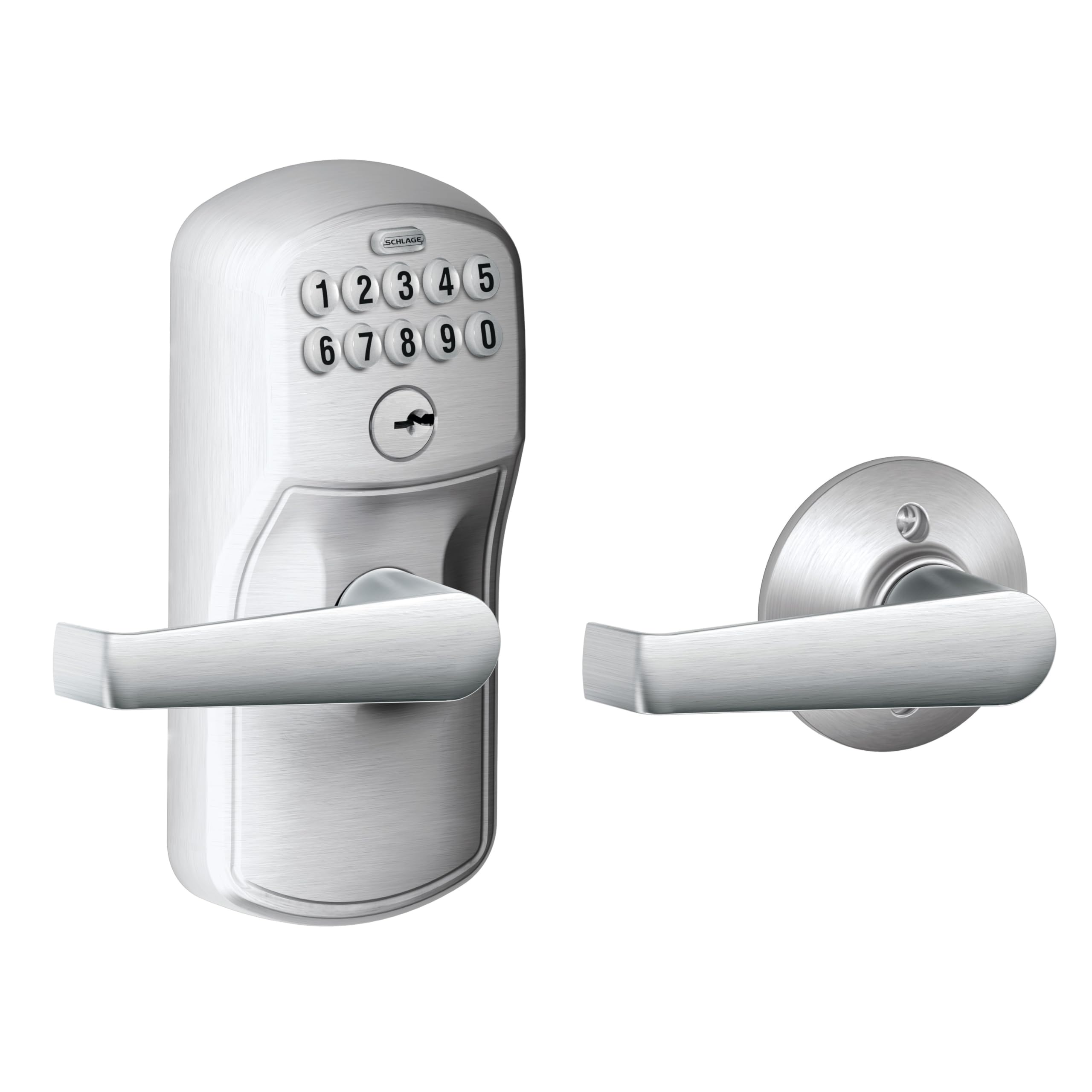 Schlage Plymouth Keypad Lock with Lever Handle, Electronic Keyless Door Entry, Auto?Lock Enabled, Satin Chrome, FE575 PLY 626 ELA