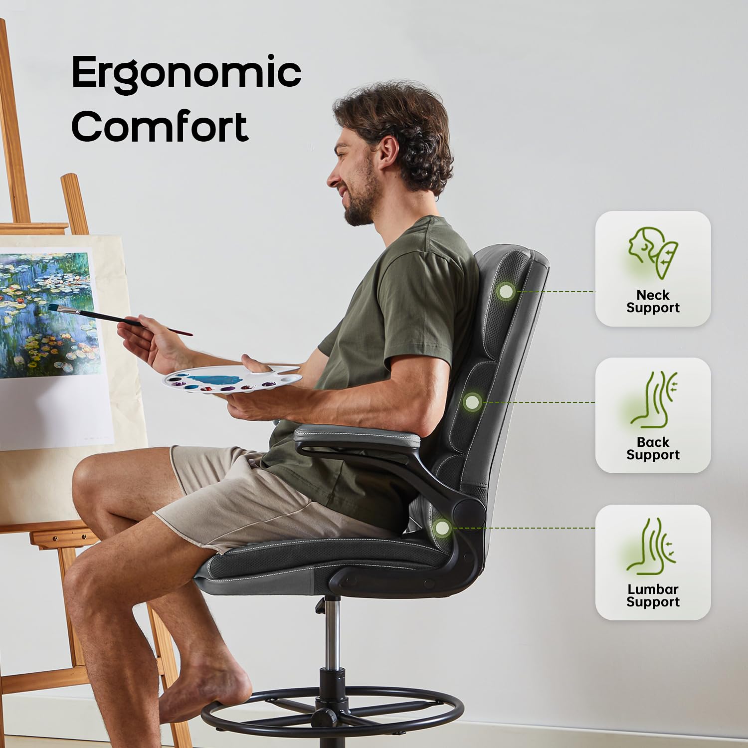 Amseatec Drafting Chair, Tall Office Chair with Footrest for Standing Desk, Small, Grey