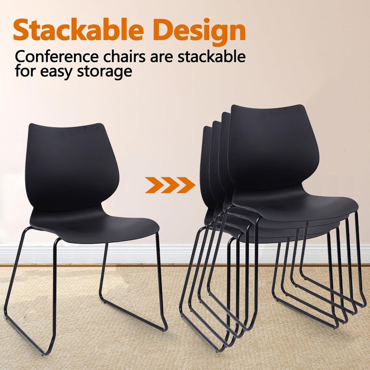 Klasika Stackable Waiting Room Chair, Stacking Office Chair with Ergonomic Lumbar Support and Metal Legs, Plastic Desk Chairs for Conference