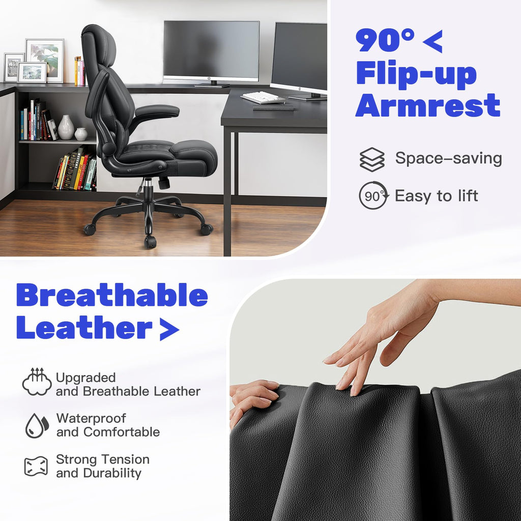 High Back Executive Office Chair - Ergonomic Computer Desk with Rocking Function, Leather Managerial with Adjustable Flip-up Armrests and