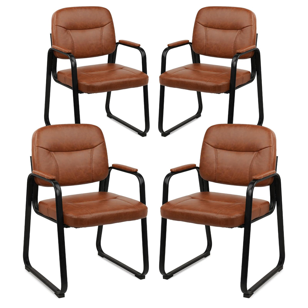 Clatina Waiting Room Guest Chair with Bonded Leather Padded Arm Rest for Office Reception and Conference Desk Black with Sled Base Brown 4 Pack
