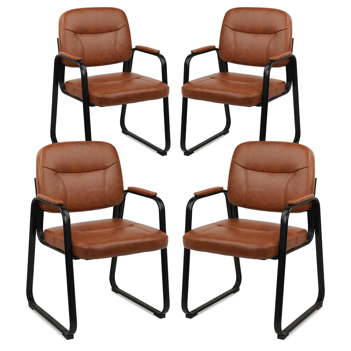 Clatina Waiting Room Guest Chair with Bonded Leather Padded Arm Rest for Office Reception and Conference Desk Black with Sled Base Brown 4 Pack