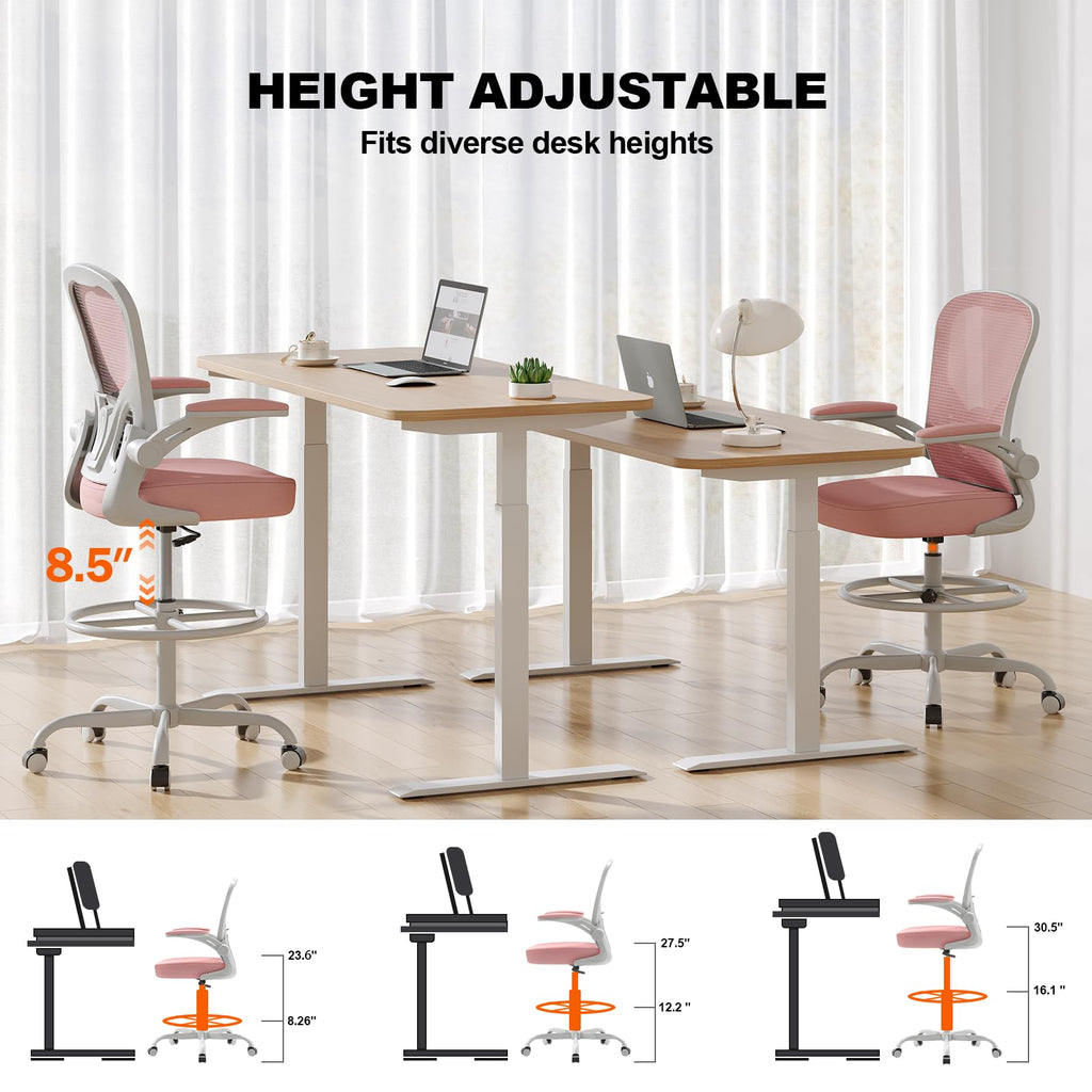 Synorla Ergonomic Tall Drafting Chair-mesh Desk Chair with Flip-up Arms, Gray Pink