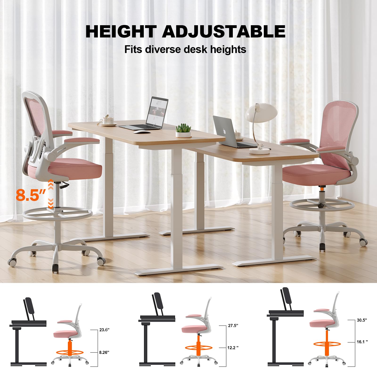 Synorla Ergonomic Tall Drafting Chair-mesh Desk Chair with Flip-up Arms, Gray Pink