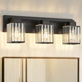 Bathroom Light Fixtures, 3-Light Black Bathroom Lighting Fixtures Over Mirror, Modern Wall Sconces with Square Crystal Shades, Vanity Lights for Bathroom E26 (Bulbs Not Included)