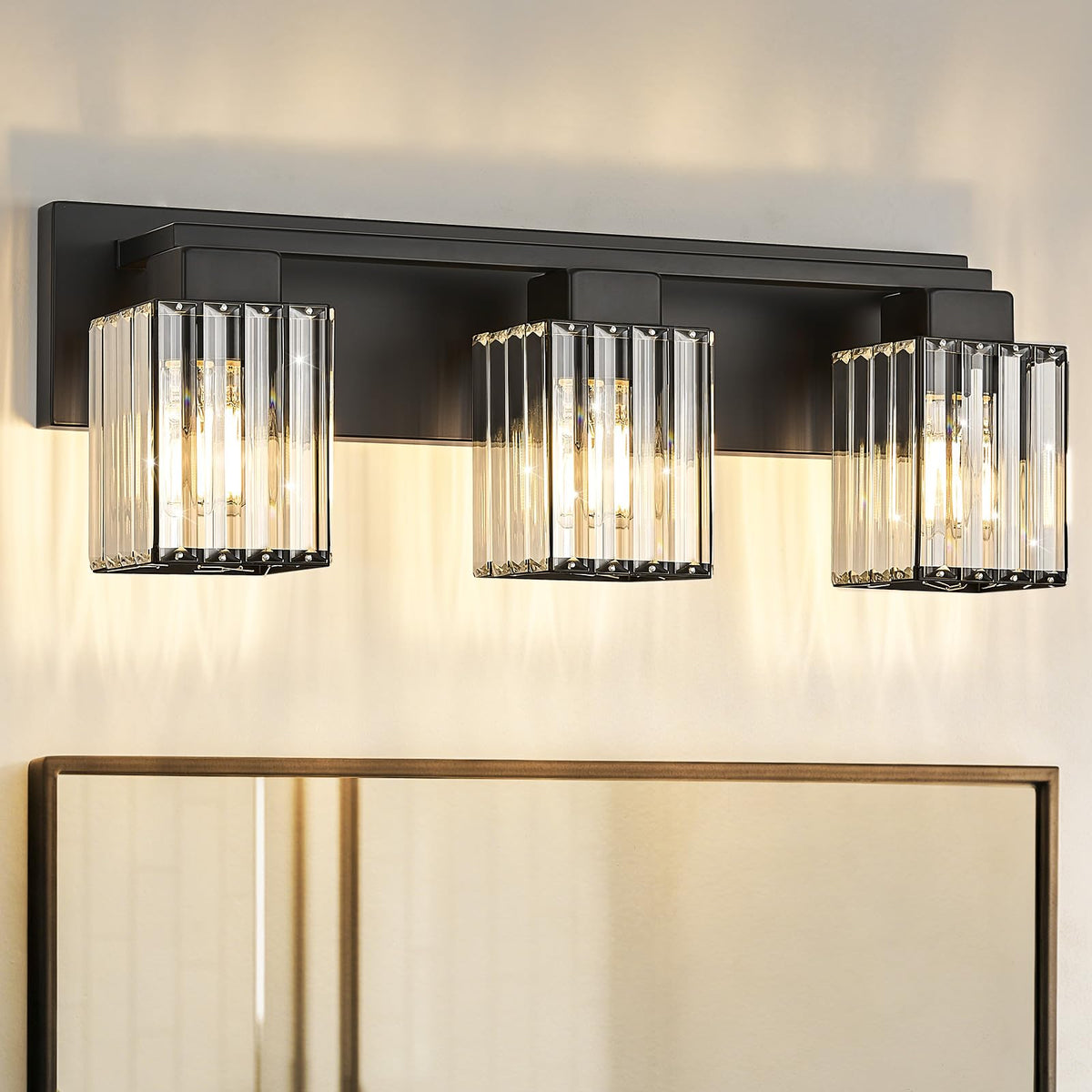 Bathroom Light Fixtures, 3-Light Black Bathroom Lighting Fixtures Over Mirror, Modern Wall Sconces with Square Crystal Shades, Vanity Lights for Bathroom E26 (Bulbs Not Included)