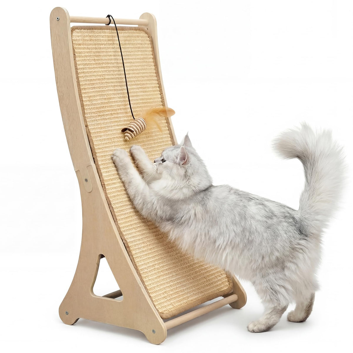Sisal Cat Scratcher, 24" Wooden Cat Scratch Ramp, Climbing Vertical Scratch Pad with Feather Mouse Toy, Scratching Board for Indoor Cats, Scratcher Post for Couch, Wall Furniture Protector