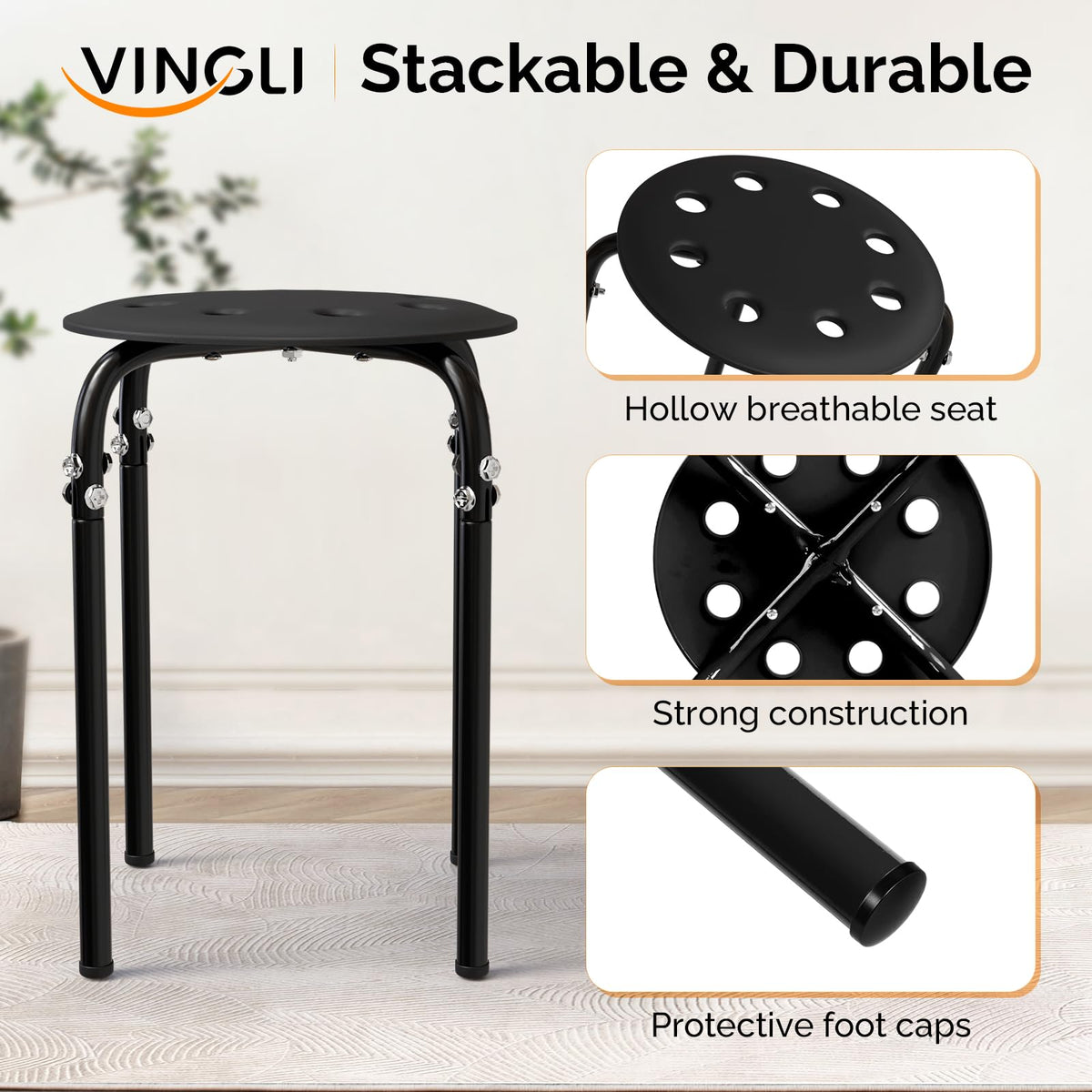 Vingli 6 Pack Round Metal Stackable Stools for Home Office, Black