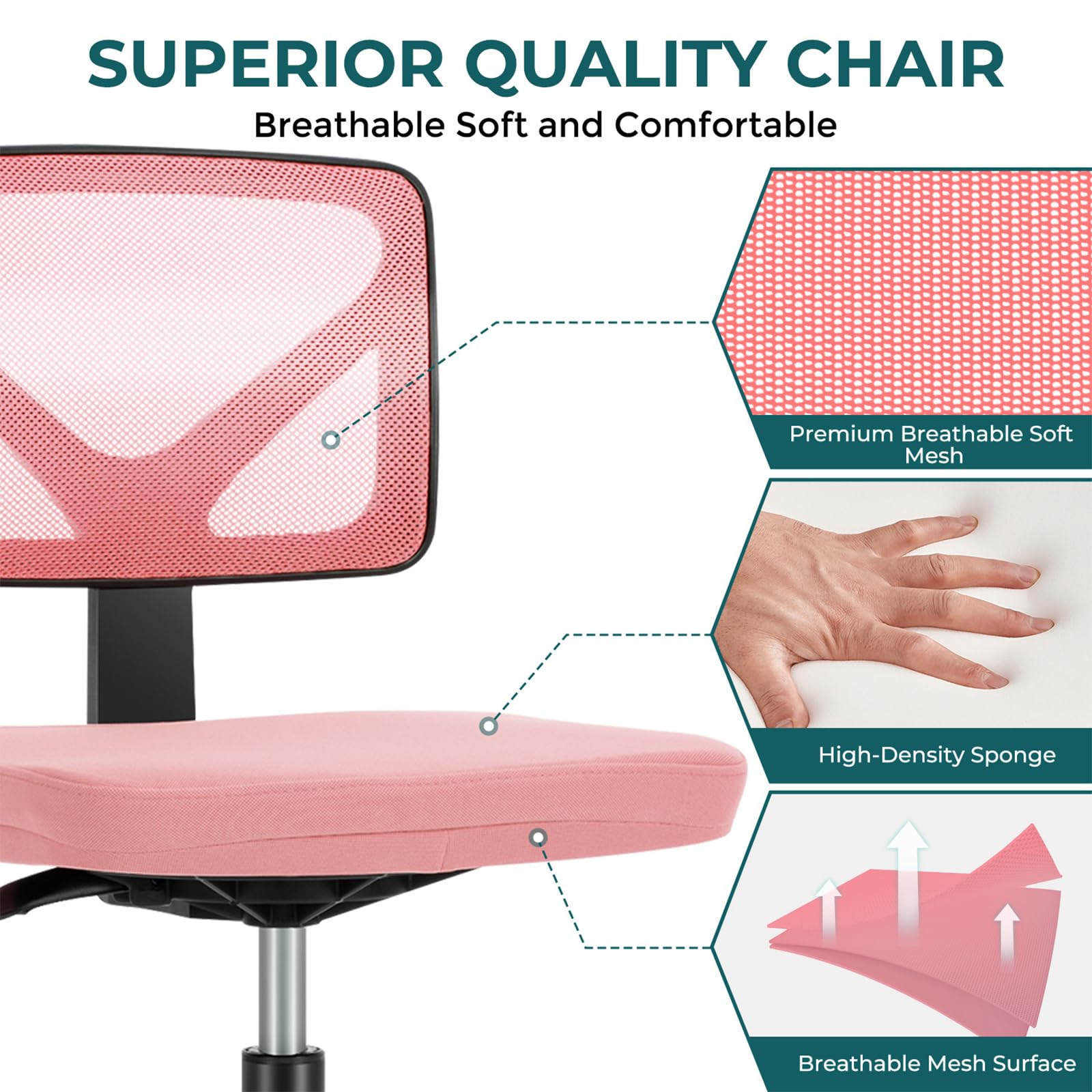 Dumos Armless Desk Chairs, Small Home Office Mesh Chairs, 1pc, Hot Pink