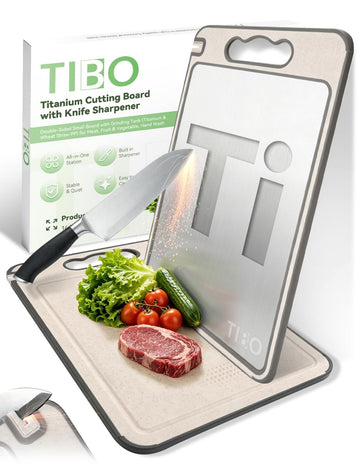 TIBO Titanium Cutting Board with Knife Sharpener, 14.3"L x 9.8"W Double-Sided Small Board (Titanium & Wheat Straw PP) for Meat, Fruit & Vegetable, Hand Wash