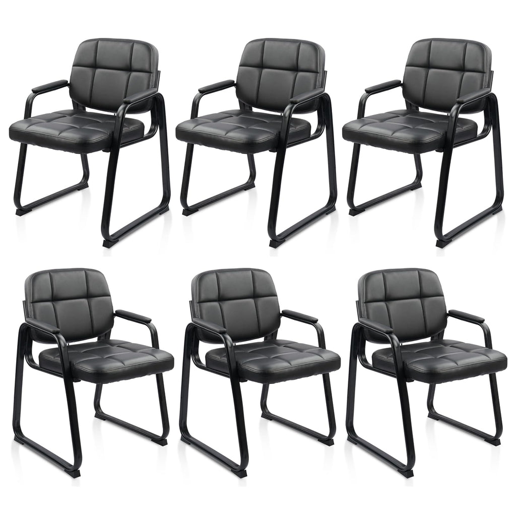 Clatina Leather Guest Chairs Set of 6, Office Reception with Padded Arms, Desk Chair with Sled Base for Office Conference Waiting Room, Black