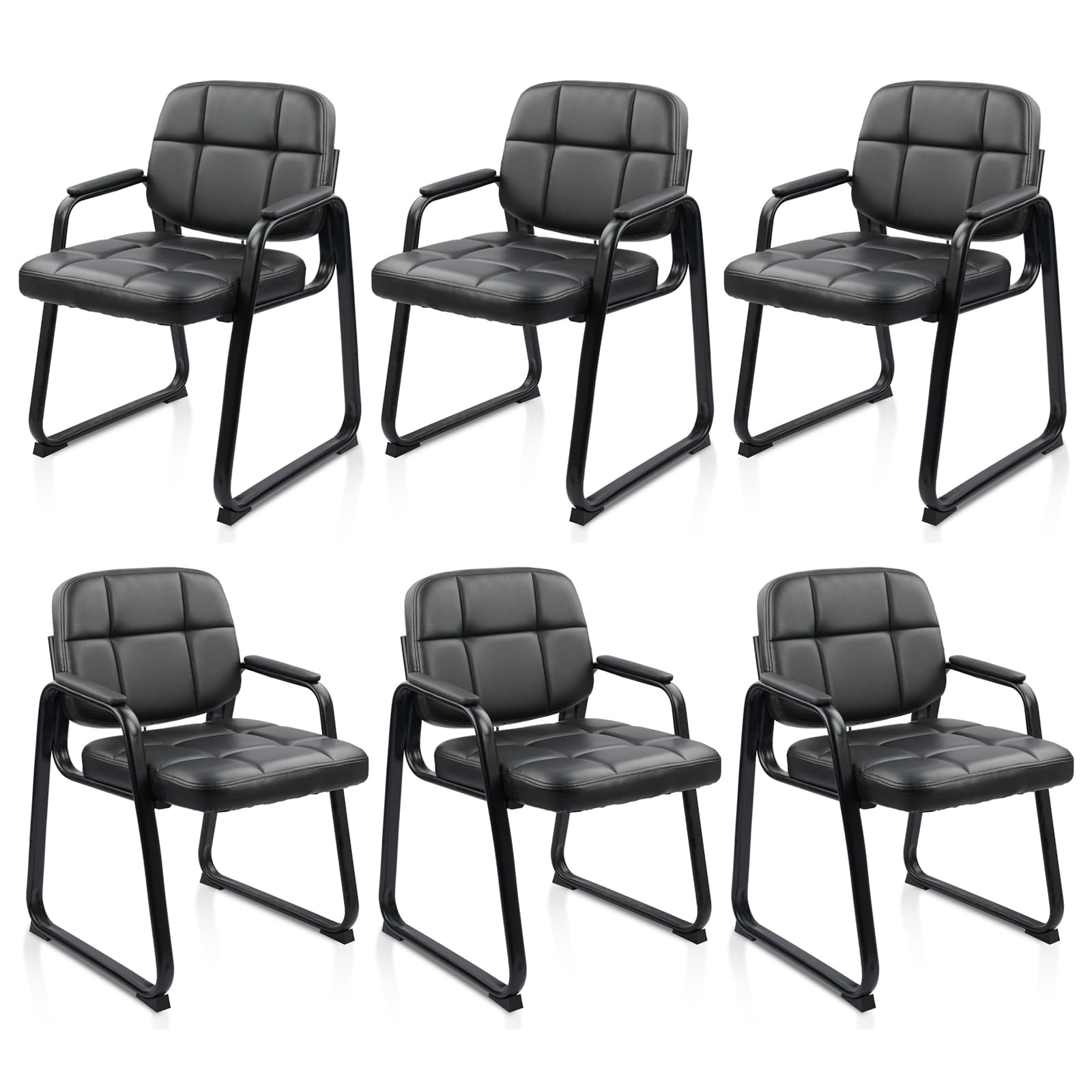 Clatina Leather Guest Chairs Set of 6, Office Reception with Padded Arms, Desk Chair with Sled Base for Office Conference Waiting Room, Black