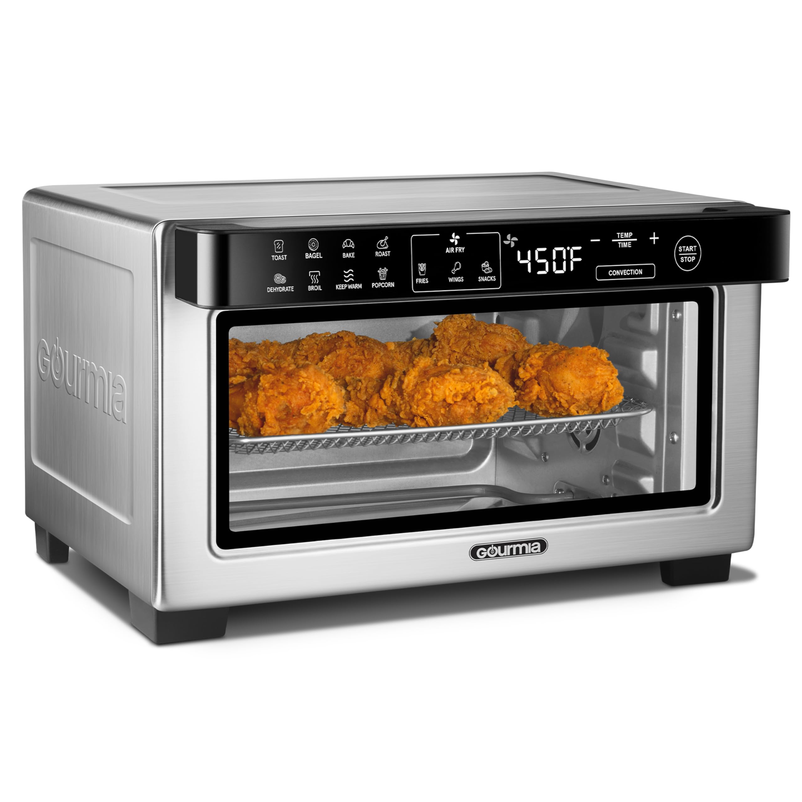 Gourmia Toaster Oven Digital Air Fryer - Convection Mode with 4 Slice Capacity, 3 Rack Positions, 12 Presets, Toast, Bagel, Bake, Roast, Broil, Dehydrate, Popcorn, Fits 9" Pizza, Stainless Steel