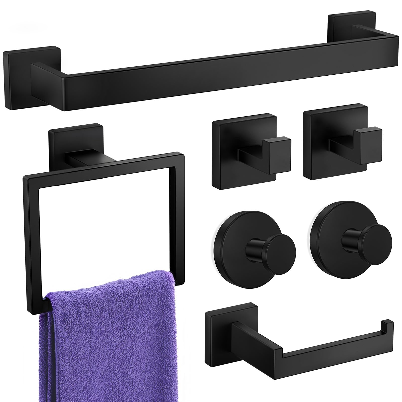 Bathroom Hardware Accessories Set: Bath Towel Bar Set, Towel Racks for Bathroom Wall Mounted, SUS304 Stainless Steel (Matte Black, 7-Pieces)