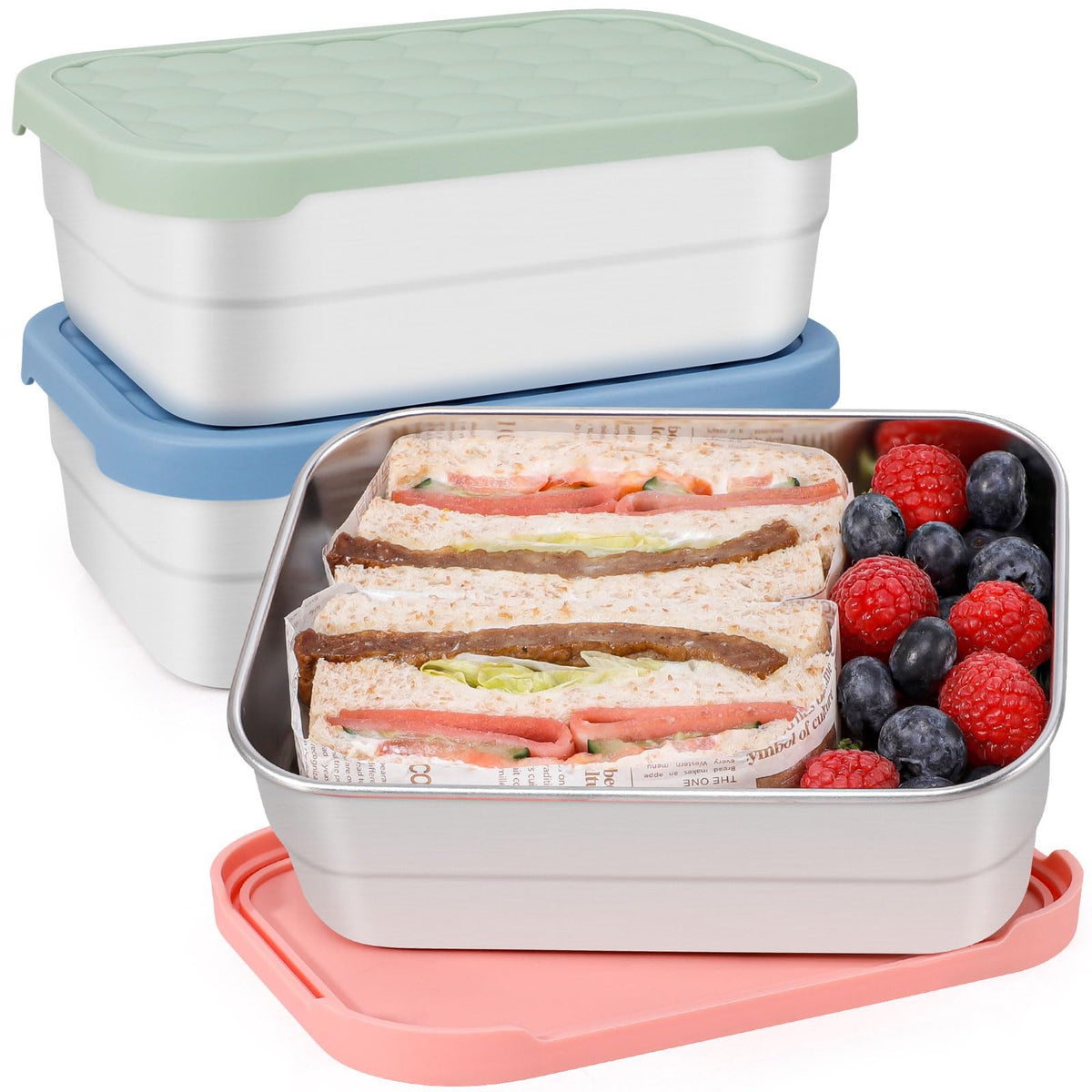 Caperci 25oz Large Stainless Steel Food Containers, 3-Pack Bento Lunch Box with Silicone Lids, Leak-Proof Reusable Meal Prep Container for Sandwiches & Snacks, BPA-Free (720ML)