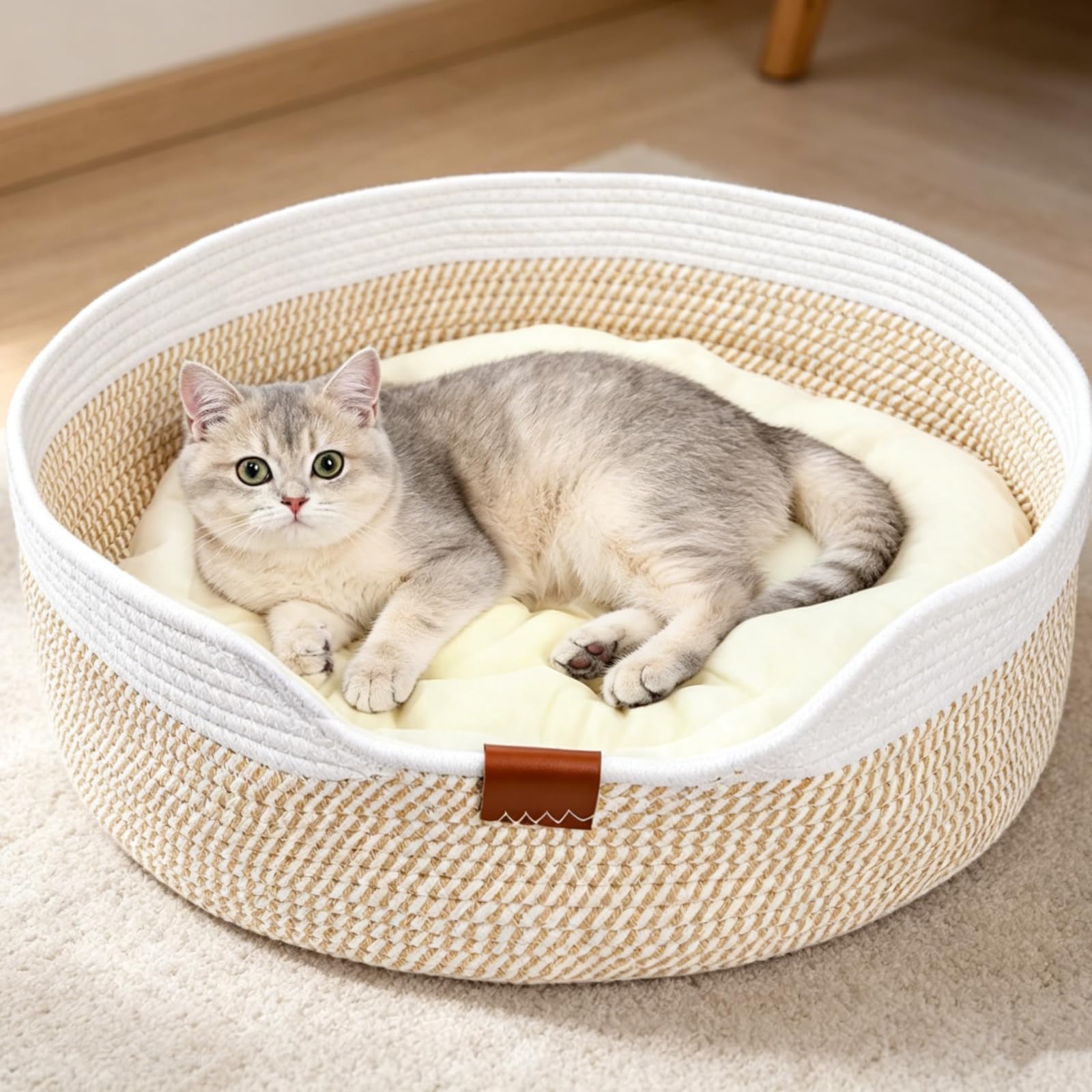 Cat Basket with Cushion, 20 Inch Cotton Rope Pet Sleeping Bed, Versatile Cozy Kitten Nesting Basket Dog Toy Organizer for Medium Large Pet, All Season Universal