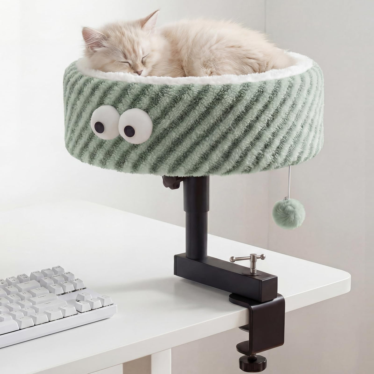 Cat Desk Bed, Height Adjustable 360° Rotating Desk Mounted Cat Bed, 2-in-1 Cat Desk Perch Hammock, Desk Cat Bed Attachment with Washable Cushion for Most Cats (Green)
