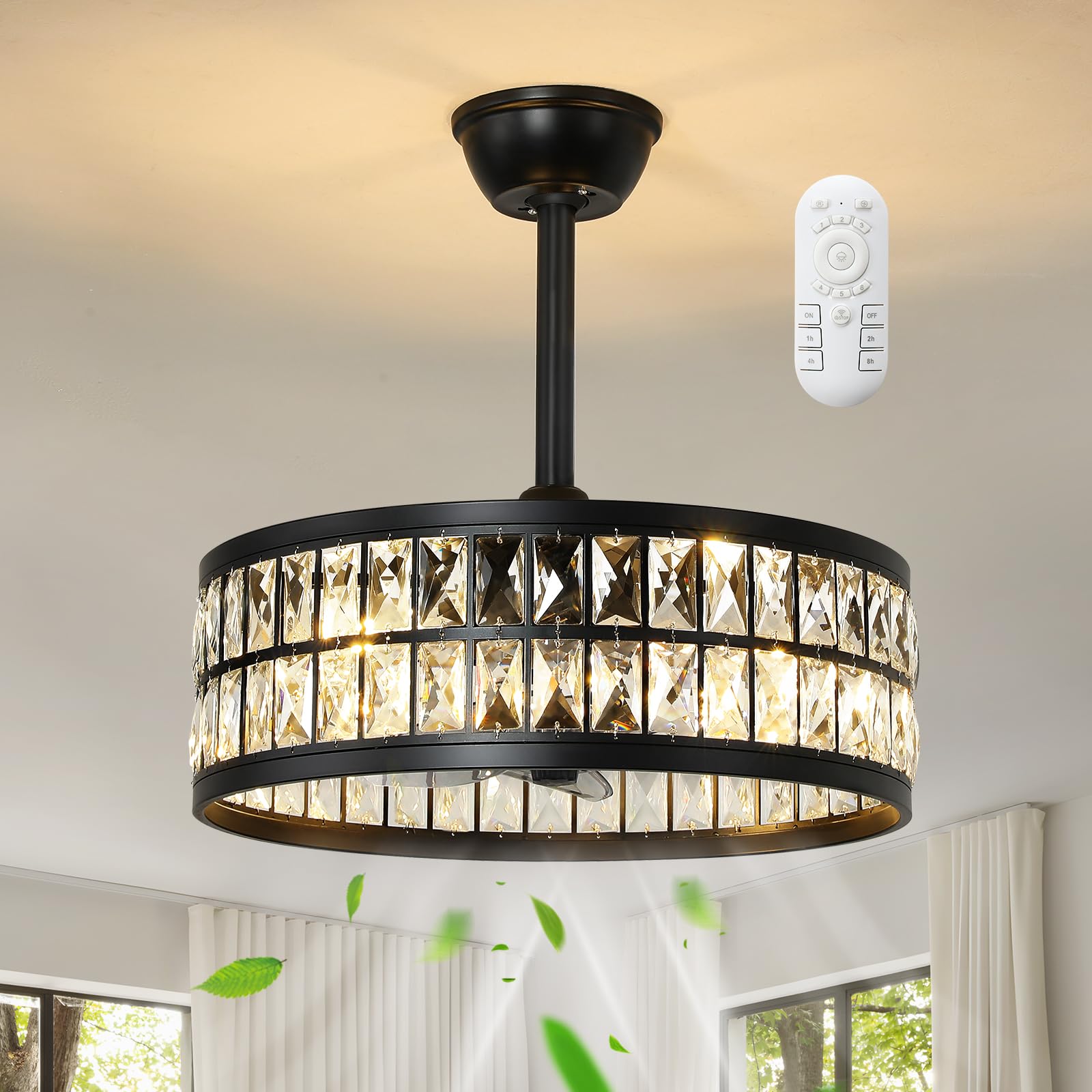 KAISITE Black Caged Ceiling Fan with Light and Remote Control 19" Bladeless Crystal Modern Fandelier Semi Flush Mount Farmhouse Chandelier Ceiling Fan for Kitchen Bedroom Dining Room