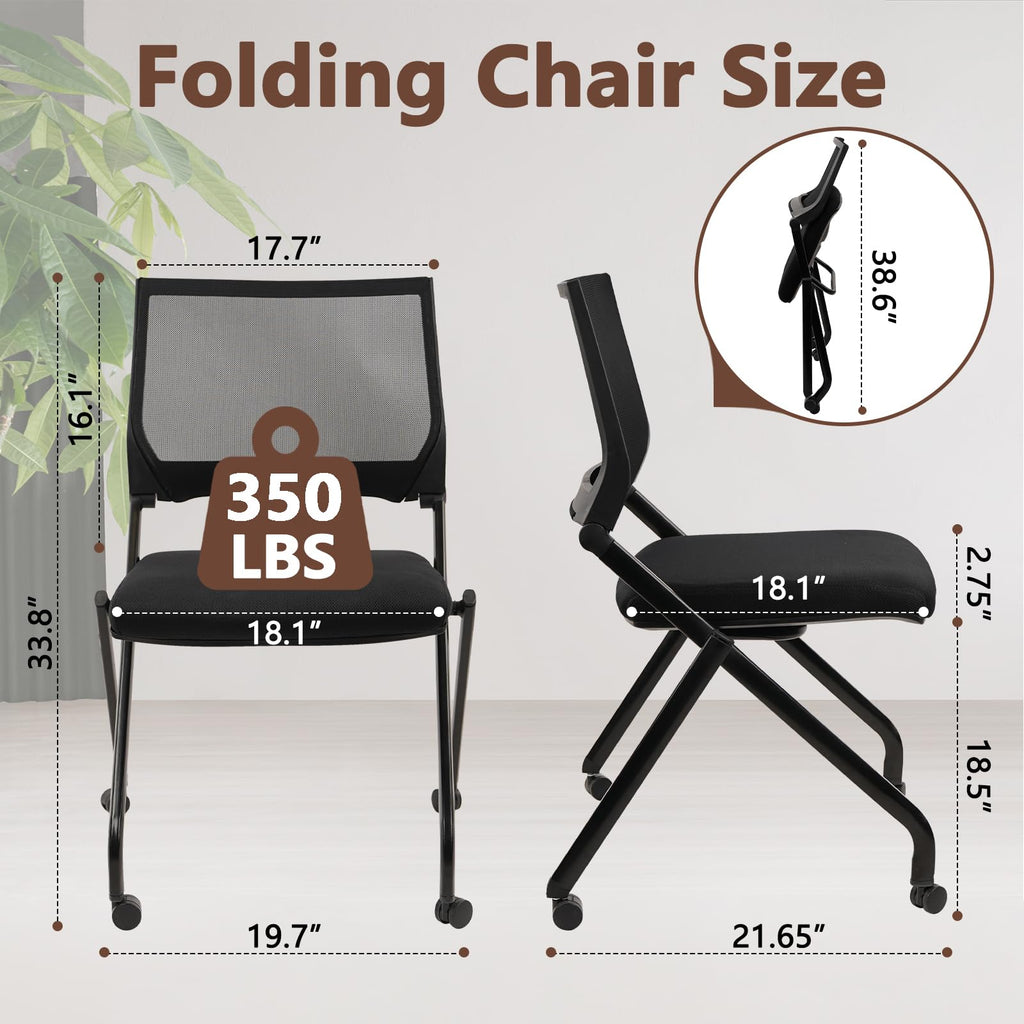Clatina Stackable & Foldable Conference Room Chairs, Waiting Room Chairs with Wheels & Lumbar Support, Ergonomic Mesh Bouncing Back Folding