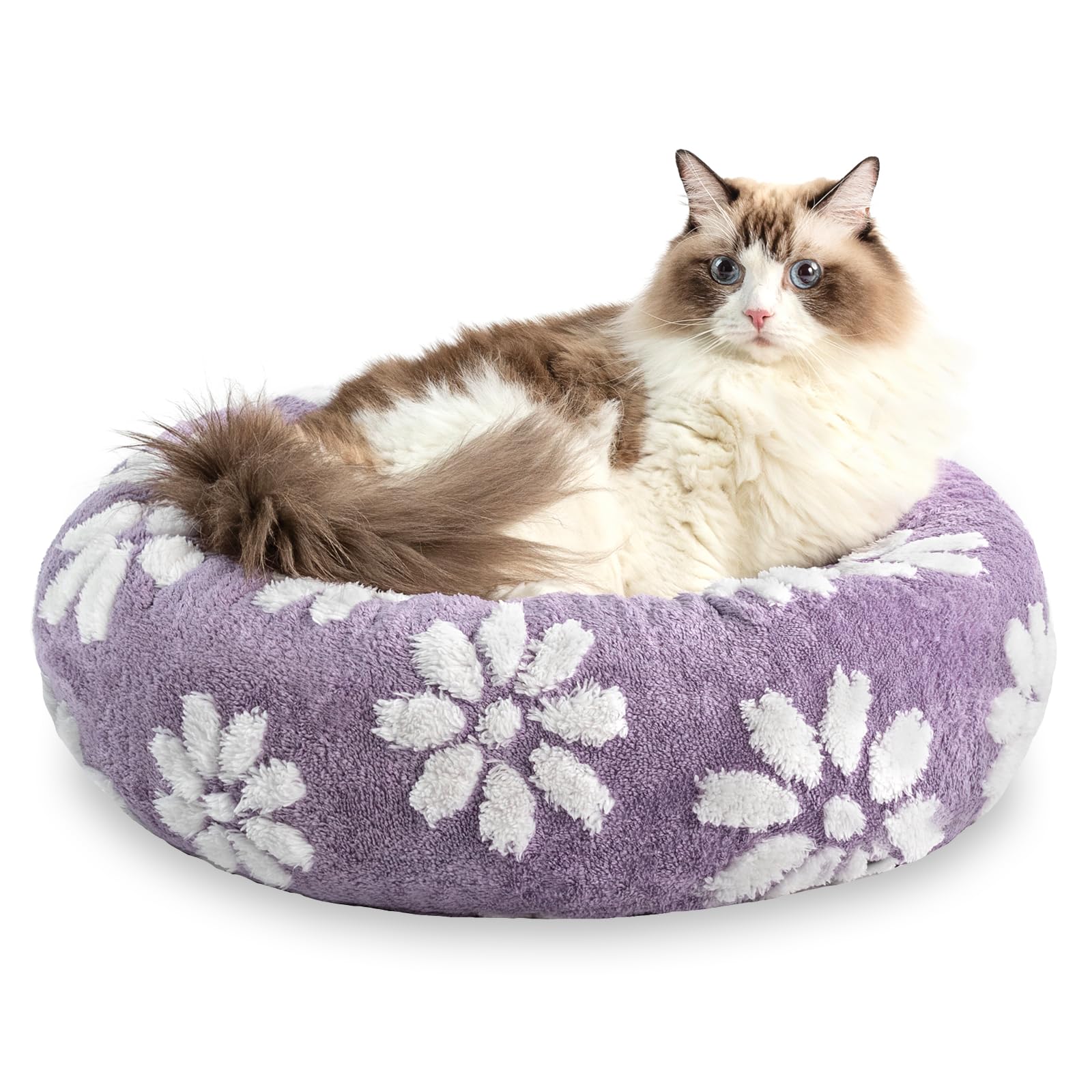 Donut Dog Beds for Small Dogs, Calming Round Cat Beds for Indoor Cats, Cute 3D Textured Flower Pet Bed with Removable Washable Cover and Anti-Slip Bottom?Purple?20"?
