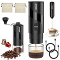 Portable Electric Espresso Machine & Manual Coffee Grinder & Electric Milk Frother All in 1 Mini Travel Coffee Maker Set for Camping, Car, RV, Hiking, Office, Home, Ground Coffee & NS Capsules Pod