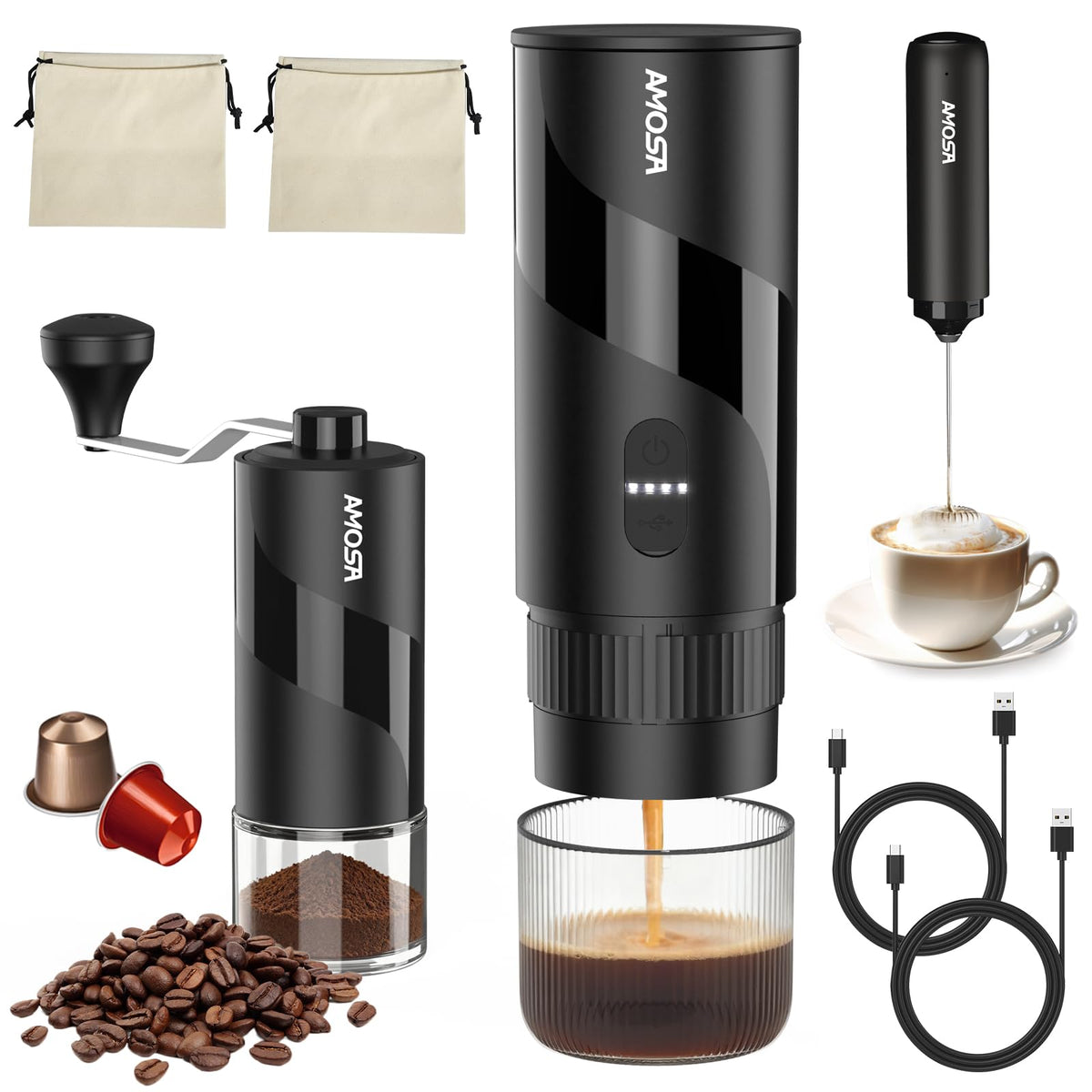 Portable Electric Espresso Machine & Manual Coffee Grinder & Electric Milk Frother All in 1 Mini Travel Coffee Maker Set for Camping, Car, RV, Hiking, Office, Home, Ground Coffee & NS Capsules Pod