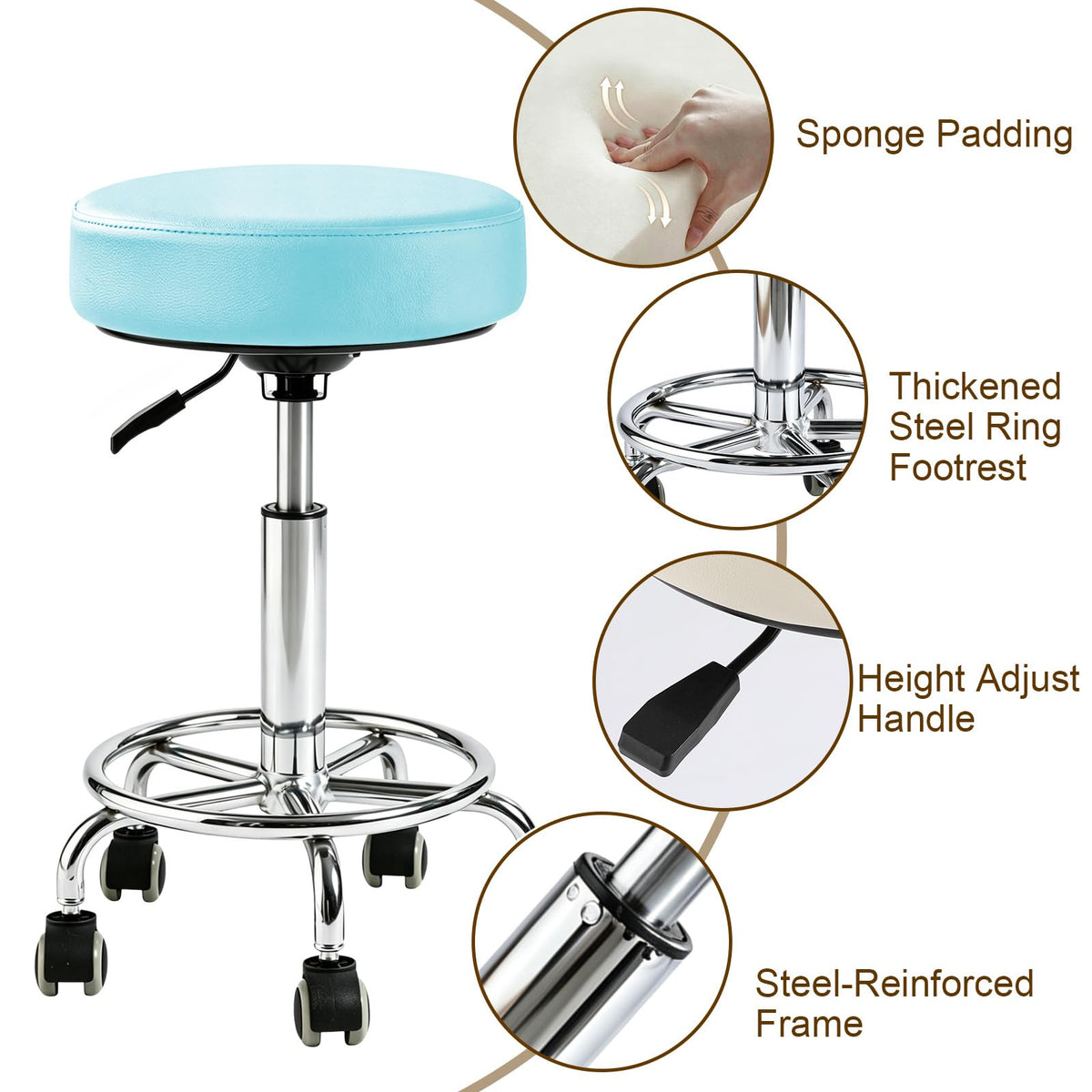 Limkomes 500lb Heavy-duty Adjustable Stool with Wheels, Round Rolling Chair, No backrest, Blue