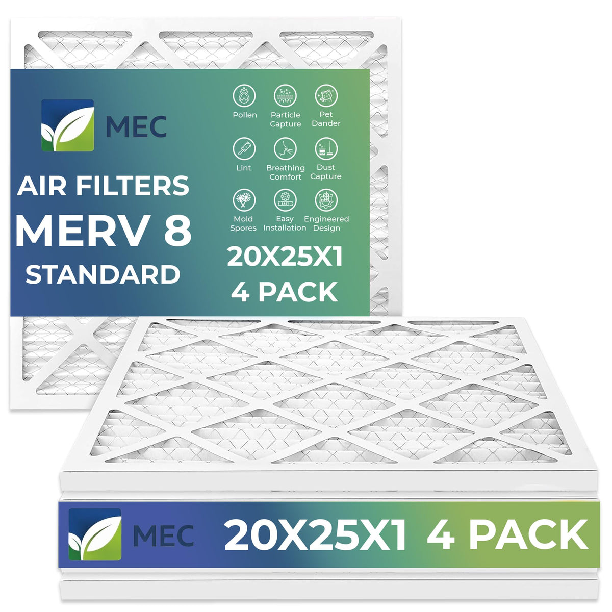 MEC 20×25x1 Air Filter MERV 8 Essential Dust & Allergy Control (4-Pack), Electrostatic Pleated HVAC AC Furnace Filters Replacement (Actual Size: 19.50 x 24.50x x0.75)