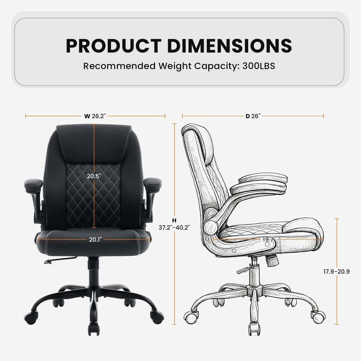 Deroavixe Executive Office Chair with Lumbar Support & Flip-up Arms, Black