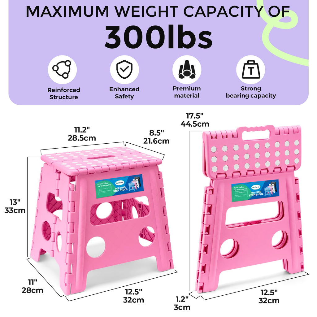 Dyforce Folding Step Stool 13 Inch,300lbs Foldable Stool for Adults & Kids, 13inch, Pink