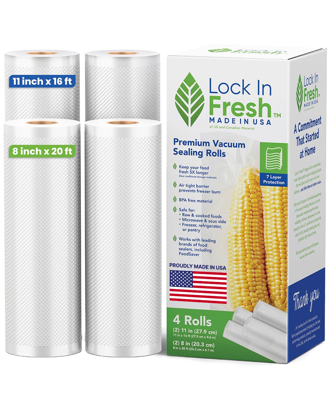 Vacuum Sealer Bags for Food Combo Pack, 2 Rolls 11" x 16' + 2 Rolls 8" x 20' - Heavy Duty Food Saver Vacuum Sealer Bag Rolls - Sous Vide, Seal a Meal Bags - Made in the US