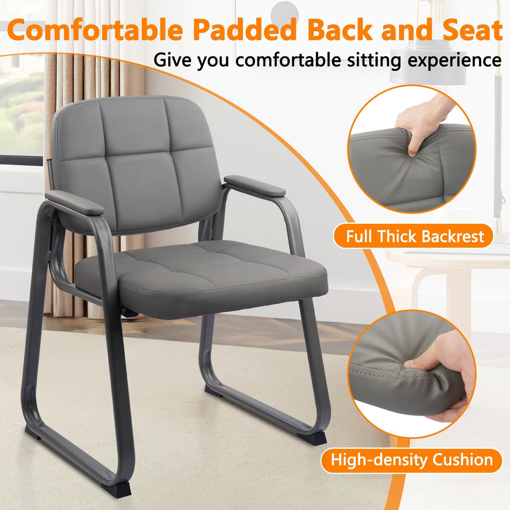 Clatina Leather Office Guest Chair with Sled Base, Reception Chair No Wheels with Armrests and Lumber Support, Stationary Desk Armchair for