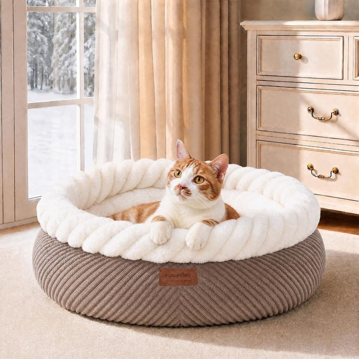FUKUMARU Cat Bed, Calming Donut Dog Beds, Plush Faux Fur&Corduroy Kitten Beds, Cute Round Washable Pet Bed for Large Cats and Puppy, Cat Cave with Anti-Slip Bottom, 21inch, Camel