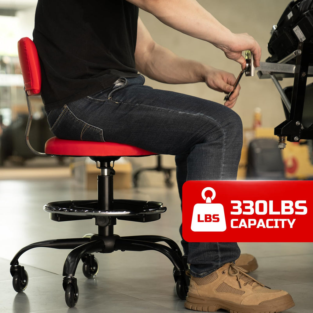 Rolling Shop Stool with Wheels, Garage Mechanic Stool Chair with Backrest, Height Adjustable Heavy Duty Swivel Task Chair, Adjustable Footrest