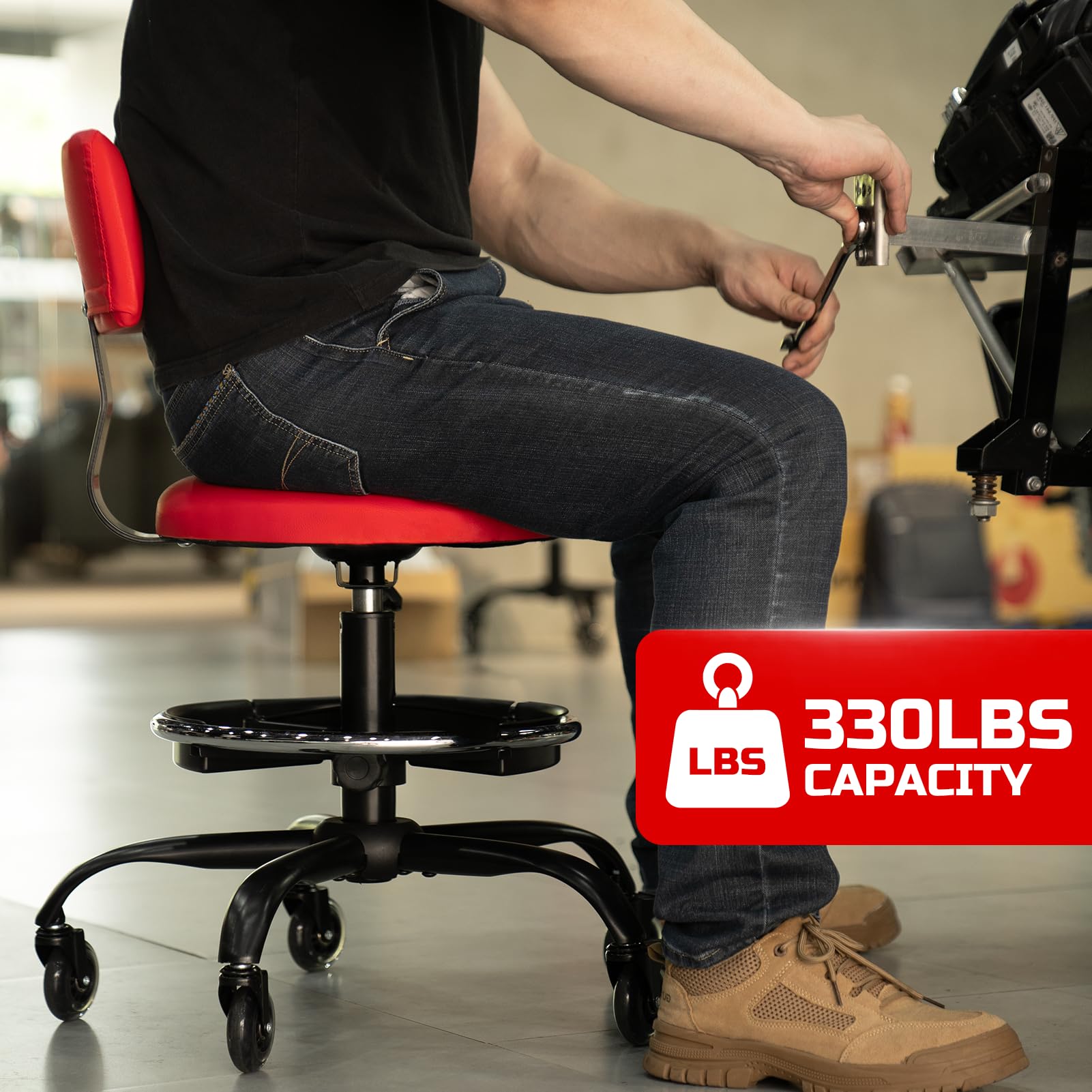 Rolling Shop Stool with Wheels, Garage Mechanic Stool Chair with Backrest, Height Adjustable Heavy Duty Swivel Task Chair, Adjustable Footrest