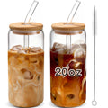 Iced Coffee Cups with Lids 2 pcs: 20 oz Glass Cups with Lids and Straws as Coffee Bar Accessories - Beer Drinking Glasses - Reusable Glass Tumbler,Cute Coffee Cups for Coffee,Juice,Gifts