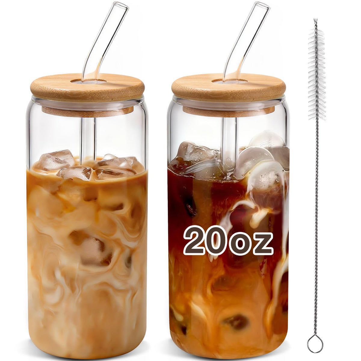 Iced Coffee Cups with Lids 2 pcs: 20 oz Glass Cups with Lids and Straws as Coffee Bar Accessories - Beer Drinking Glasses - Reusable Glass Tumbler,Cute Coffee Cups for Coffee,Juice,Gifts