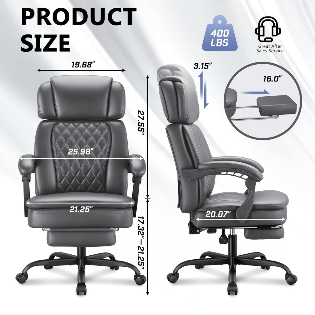400lbs Executive Office Chair with Foot Rest for Heavy People, Ergonomic Big and Tall Desk Chair with Adjustable Headrest, High Back Pu Leather