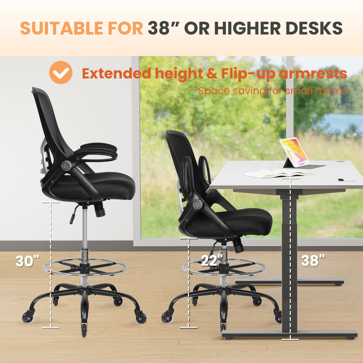 Hylone Drafting Chair Adjustable, Tall Office Chair Lumbar Support Ergonomic Standing Desk Chair Heavy Duty Tall Drafting Stool for Artists