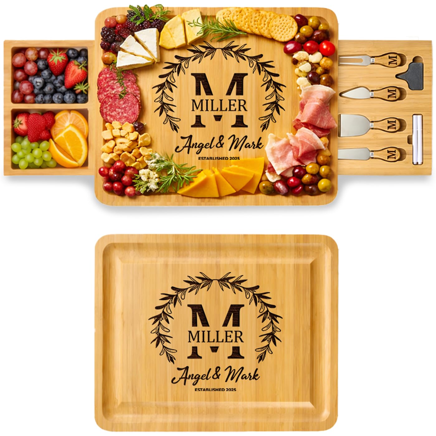 Personalized Charcuterie Boards Gift Set - Custom Engraved Bamboo Cheese Board with Drawer & Knife Set for Wedding, Anniversary & Housewarming Gift for Couples