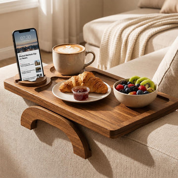 Motovatec Acacia Wood Sofa Arm Tray - 3-in-1 Couch Arm Table with Phone Holder, Cup Holder & Foldable Tray - Armrest Clip-On Design for Couch with 360° Rotated Phone Holder