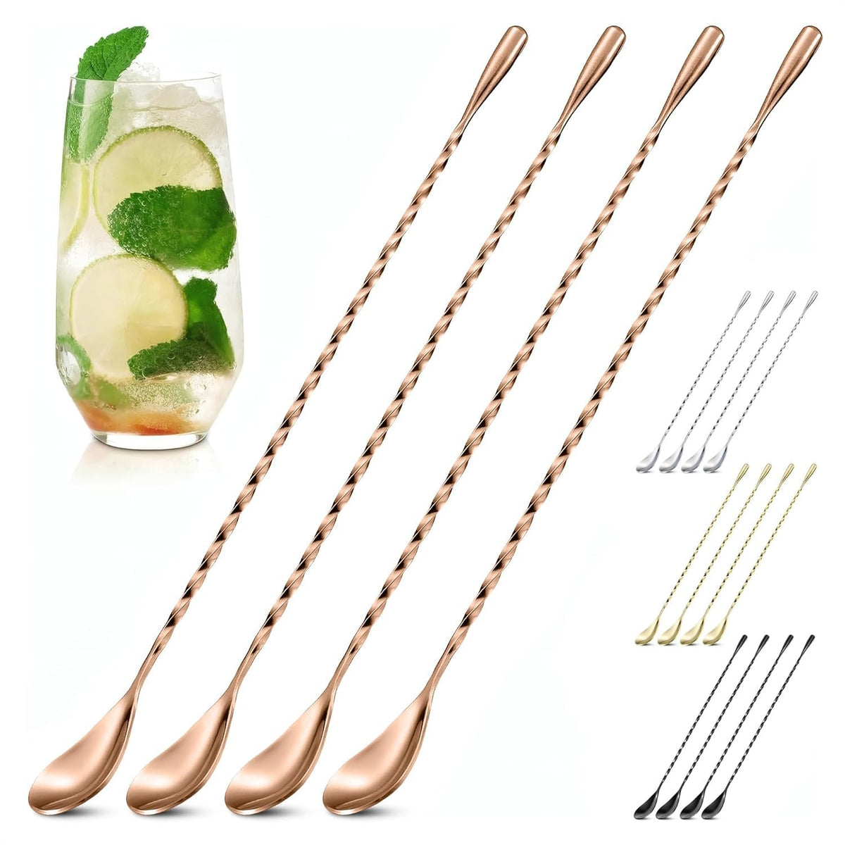 4 Pcs Rose Gold Bar Spoons Cocktail Mixing Spoon Set – Stylish Stainless Steel Stirring Spoons with Elegant Twisted Spiral Handle – Ideal for Cocktails, Iced Tea, Coffee, and Iced Latte | Sugar Spoon