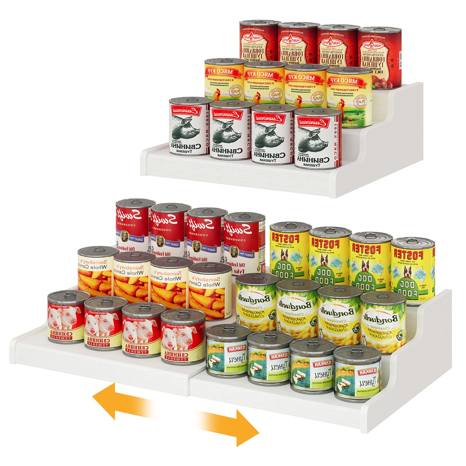 Expandable Bamboo Can Rack Organizer for Pantry, 3-Tier Adjustable Can Storage for Kitchen Cabinets, Soda & Canned Goods Holder for Pantry Organization, Holds Up to 24 Cans, White (Patent Pending)