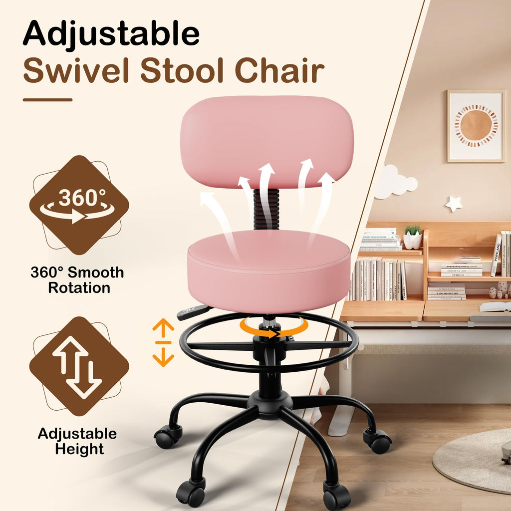 Anunweldo Drafting Chair with Back Support, Adjustable Foot Rest Rolling Stool, 360° Swivel Office Desk Chair with Wheels, Thick Seat Cushion