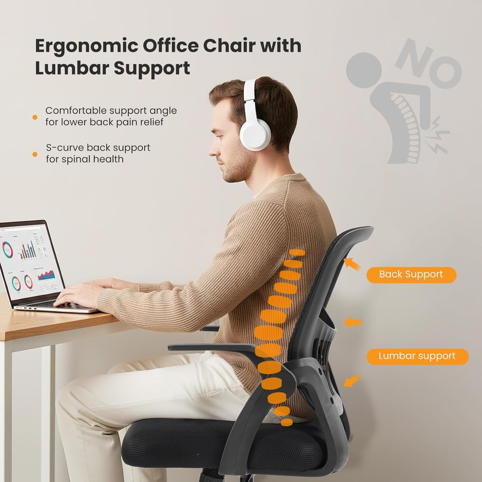 Sweetcrispy Home Office Managerial Executive Chair, Flip Up Armrest Ergonomic Mesh Adjustable Swivel Mid-back Computer Desk Chair with