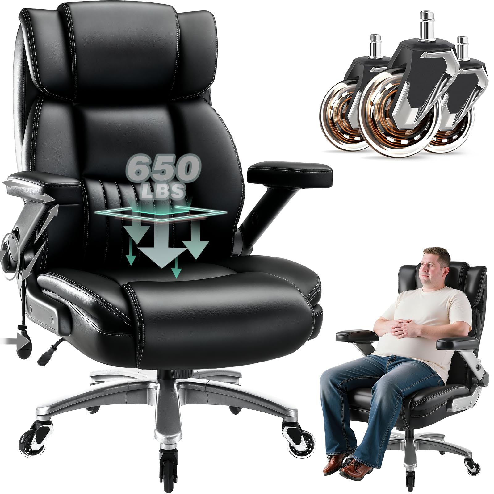 650lbs Large Heavy Duty Executive Office Chair with 5d Flip Arms and Pocket Spring Cushion, Ergonomic Big and Tall Desk Chair with Lumbar