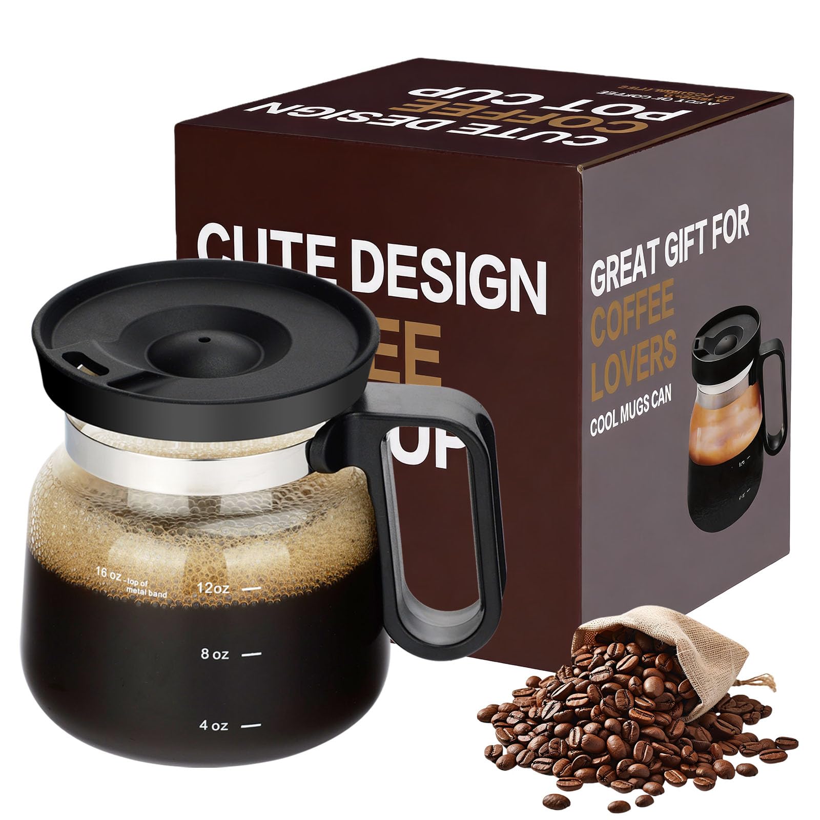 Coffee Pot Mug with Lid,16Oz Mini Glass Coffee Pot Coffee Mug with Spill Proof Lid & Heat Proof, Novelty Coffee Pot Cup for Coffee Lovers Gifts (1PC)